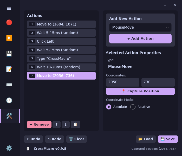 CrossMacro editor tab for editing macro actions.