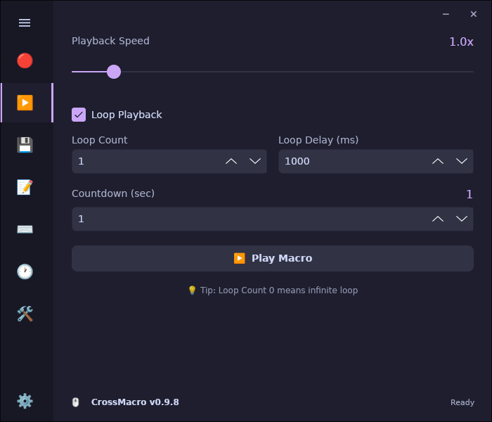 CrossMacro playback tab with macro playback settings.
