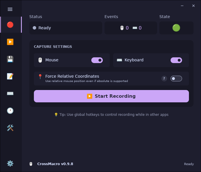 CrossMacro recording interface preview.