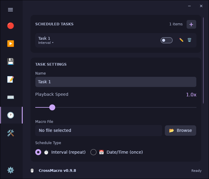 CrossMacro scheduled tasks tab with automation schedules.