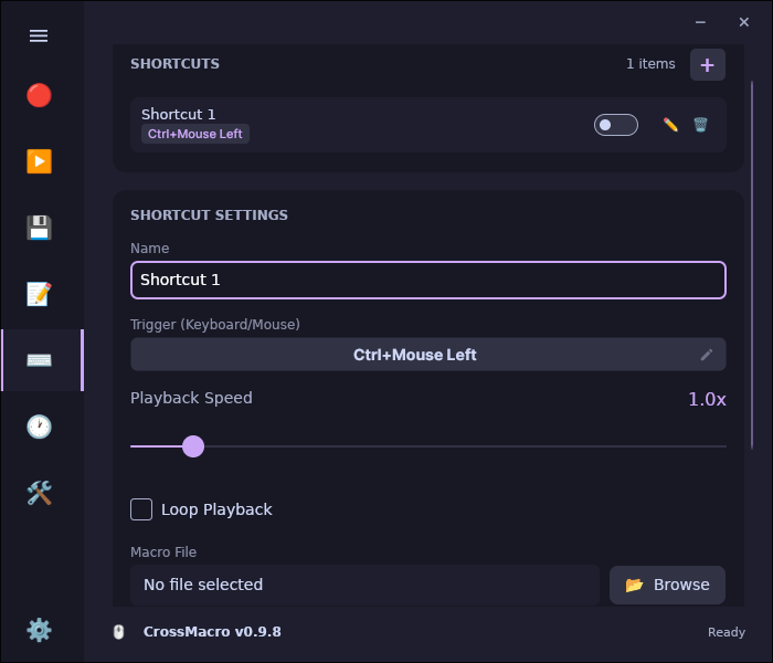 CrossMacro shortcuts tab with keyboard shortcut bindings.